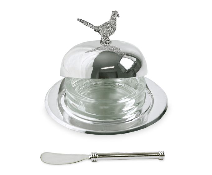 Buttercloche mit Fasan und Buttermesser versilbert 