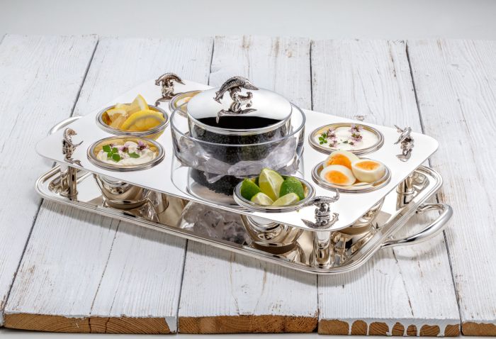 Kaviarschale mit Tablett und Schälchen in Sterling-Silber
