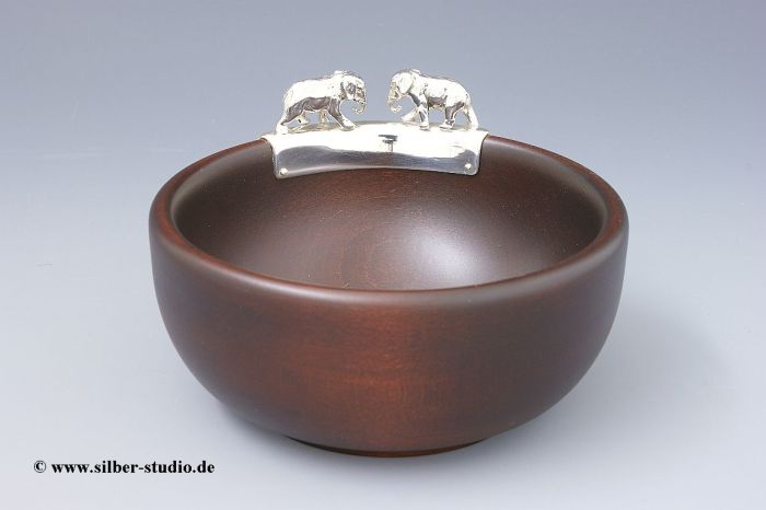 Schale Holz mit Silberfigur Elefantenpaar